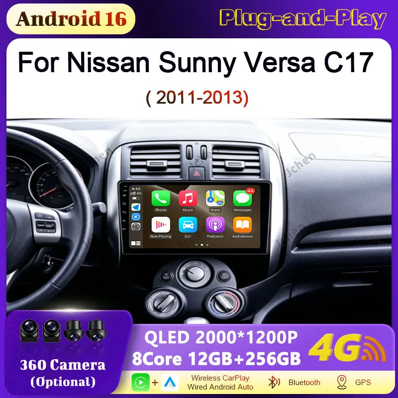 For Nissan Sunny Versa C17 2011-2013 GPS Navigation Autoradio Wireless  CarPlay  Bluetooth WiFi Split Screen Touch Screen QLED