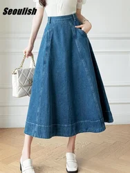 Seoulish High Waist Women's Denim Long A-Line Skirts Spring Summer Vintage Cowboy Jeans Umbrella Skirts Pockets Female 2024 New