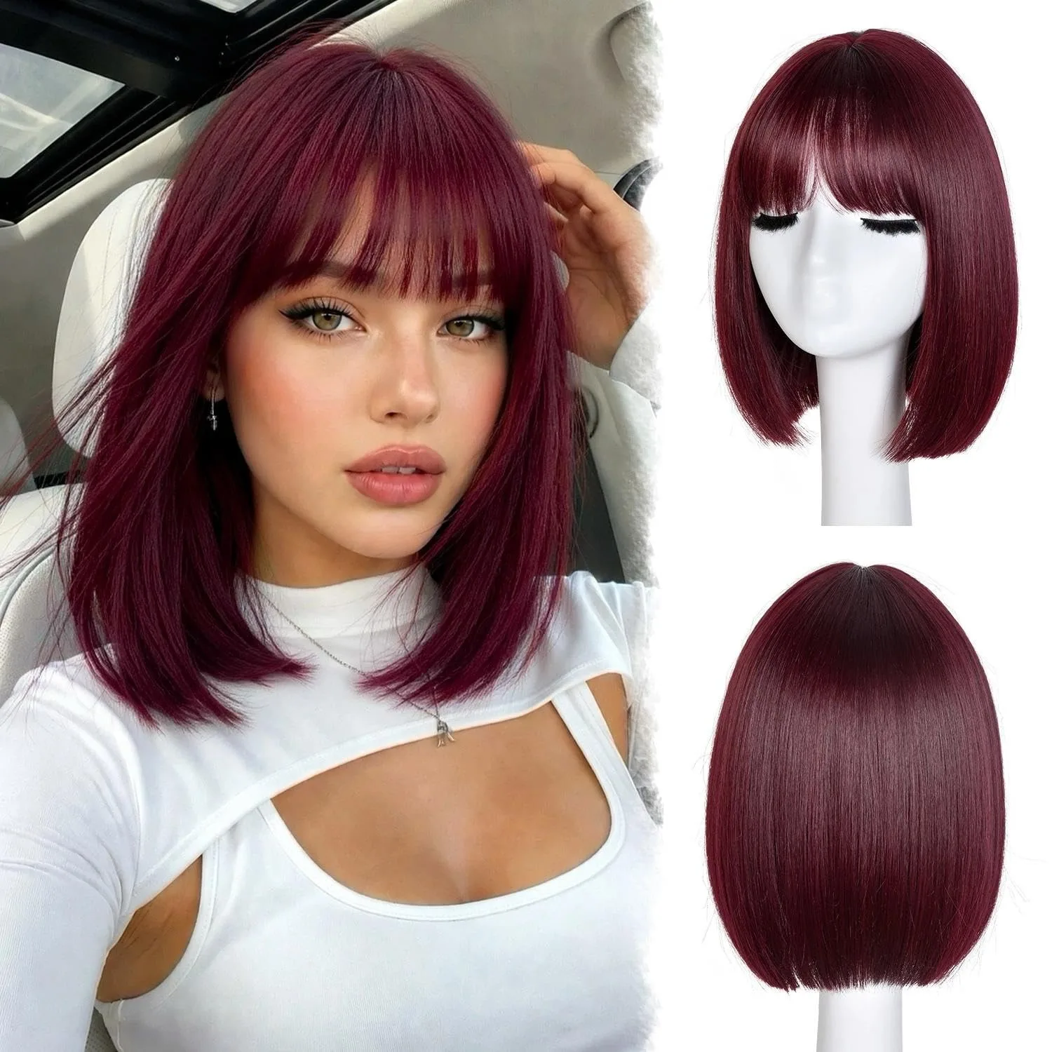 Red wine short bob hairstyle synthetic wig - Halloween party wig - cosplay role-playing wig - daily high-temperature hairnet