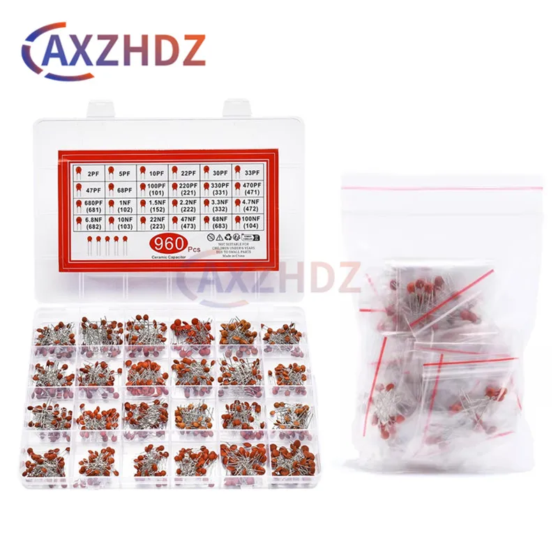 300/960pcs 50V Ceramic Capacitor Kit 2PF-0.1UF 24/30Values 10nF 470pF 152 222 681 103 Capacitance Assorted Set DIY Sample Pack