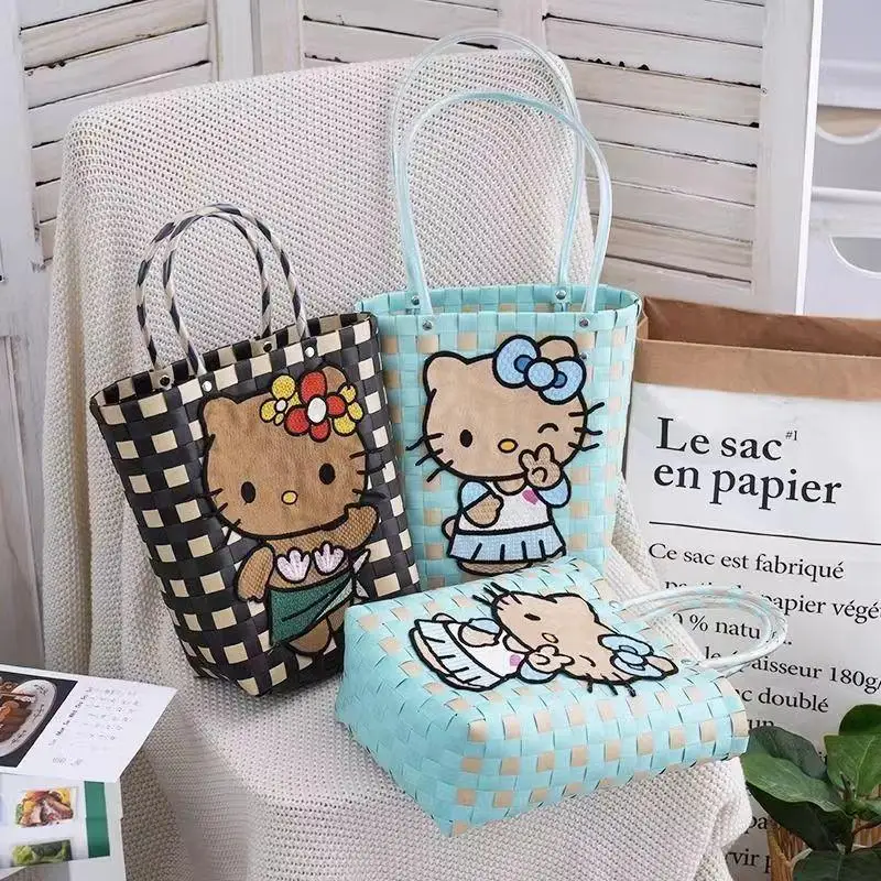 Hello Kitty Kawaii Sanrio Handbag Anime Cute Cartoon Handmade Woven Vegetable Basket Shoulder Bag with Messenger Bag Girl Toys