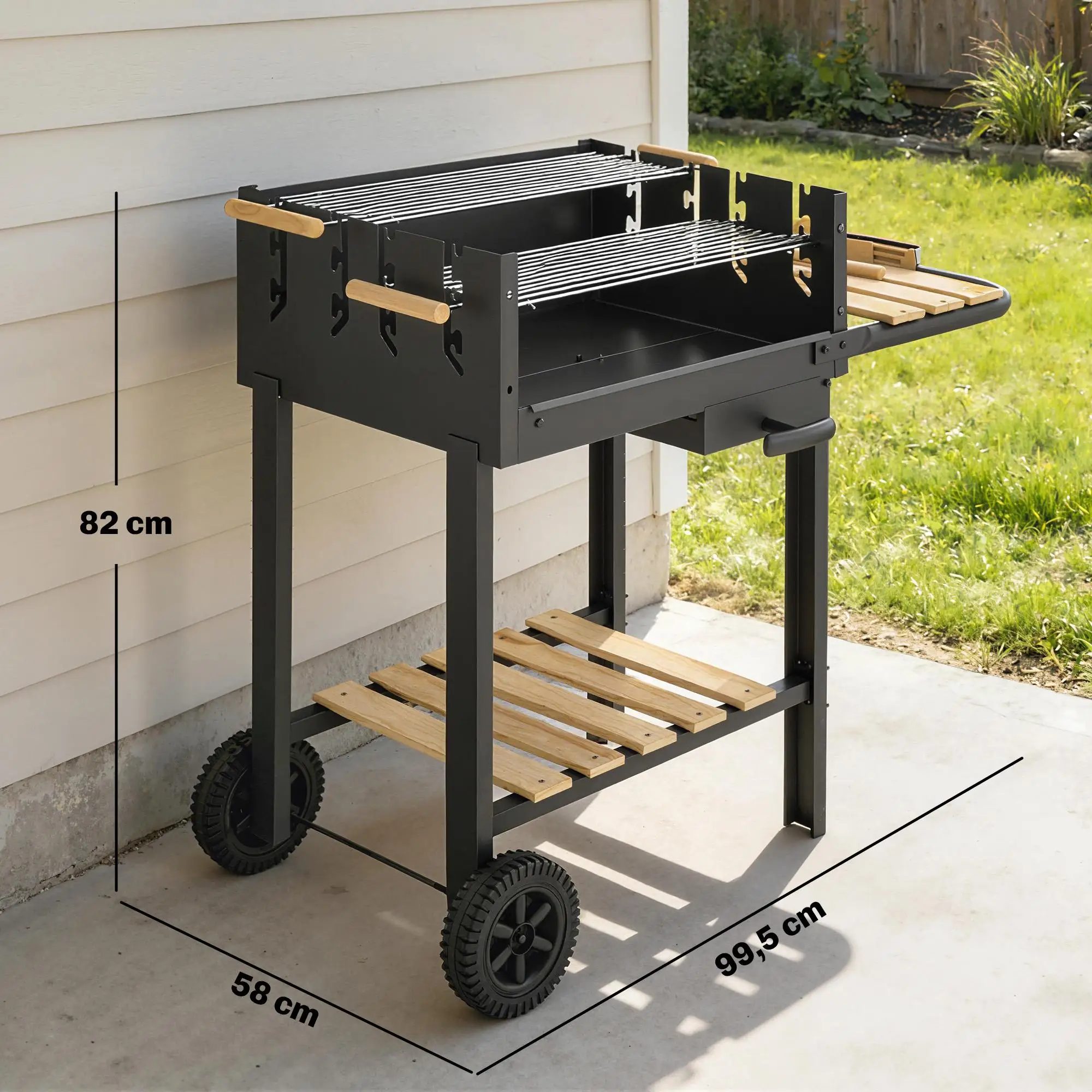 Carrito para barbacoa Outsunny a carbón, 4 niveles de altura ajustable, 2 parrillas, estante lateral, contenedor para cenizas 99.5x58x82 cm