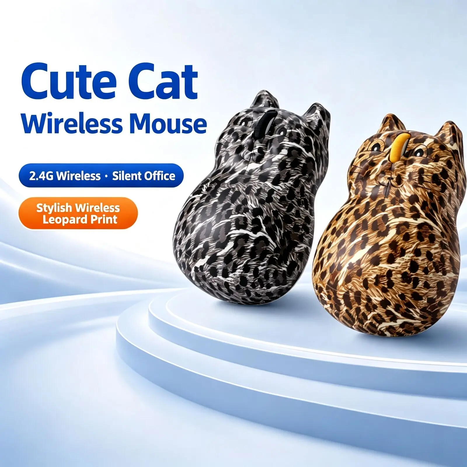 Leopard Print Cute Cat Wireless Mouse 2.4G Silent Button Ergonomically Designed for Portable Mice on Desktop Laptops for Office