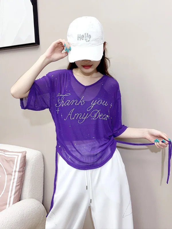 summer-thin-mesh-rhinestone-half-sleeve-t-shirt-women's-fashion-versatile-loose-casual-mid-sleeve-square-dance-top