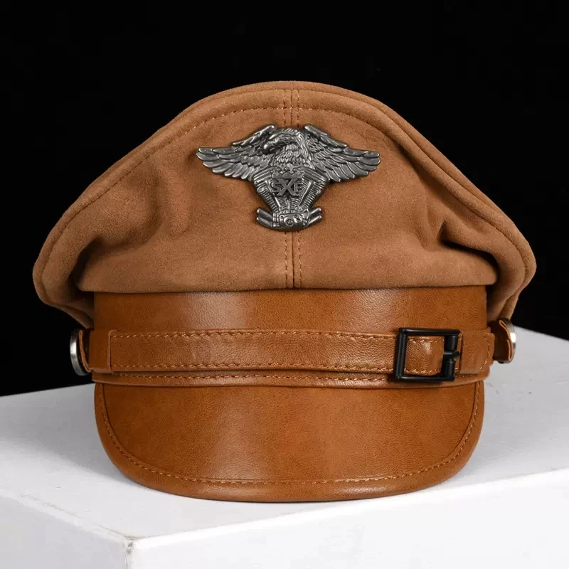 Men‘s Fashion Hat Winter Men Motorcycle Short Brim Flat Top Suede Leather Hat Patchwork German Military Marine Captain Gorra