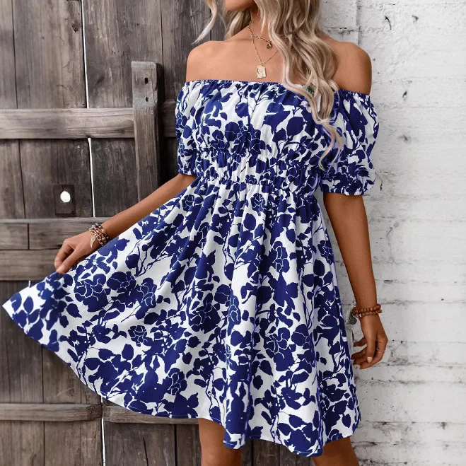 Summer Floral Dress Women Off Shoulder Slash Collar Short Sleeve Mini Dress High Waist Slim Fits Sexy Casual A-line Dress