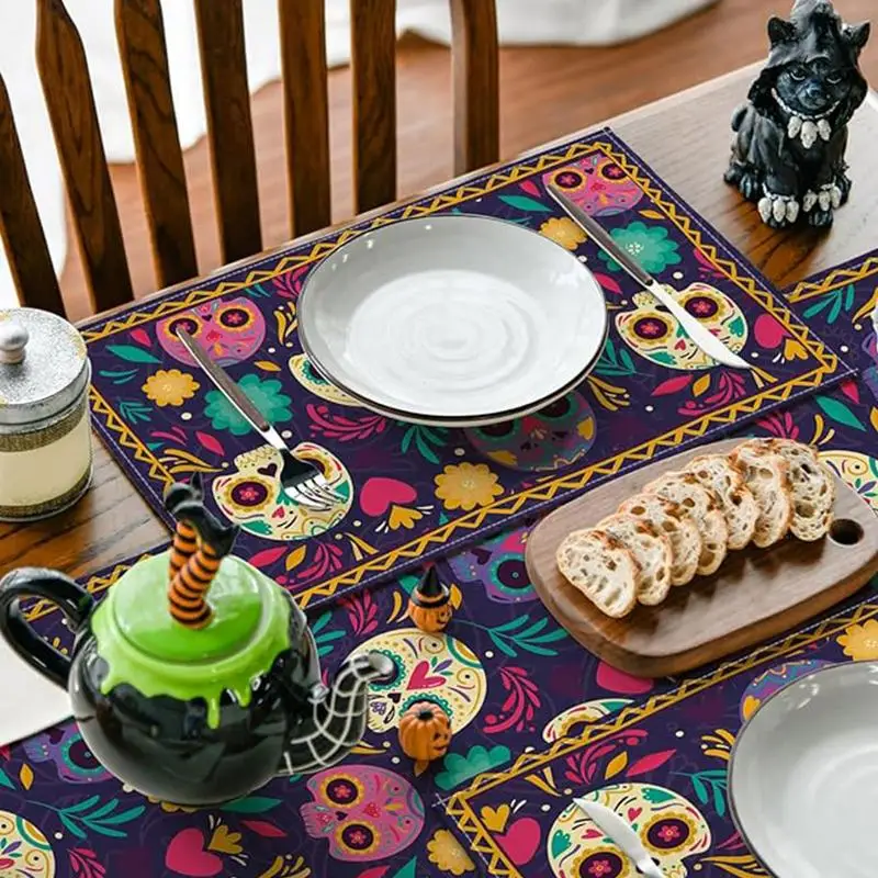 Halloween Placemats Set 4Pcs 45x30cm kull Day of The Dead  Print Table Mats  Halloween Table Mats for Decoration For Home Hotel