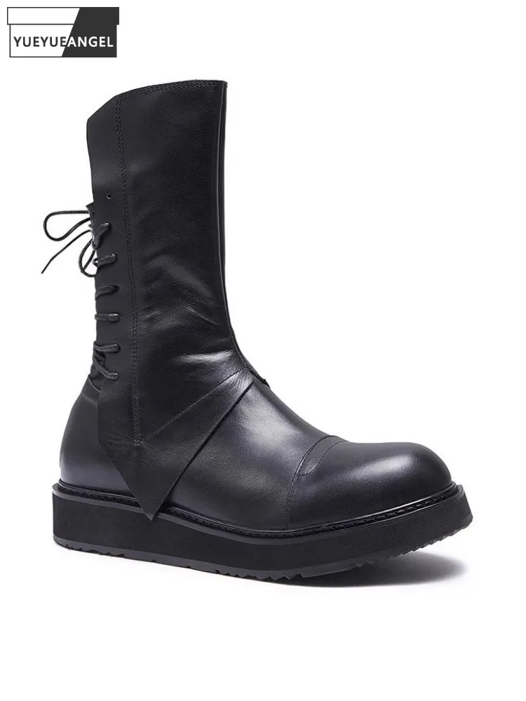 

Gothic Mens Genuine Leather Boots British Style Street Punk Mid Calf Motorcycle High Top Shoes Male Casual Platform Knight Boots