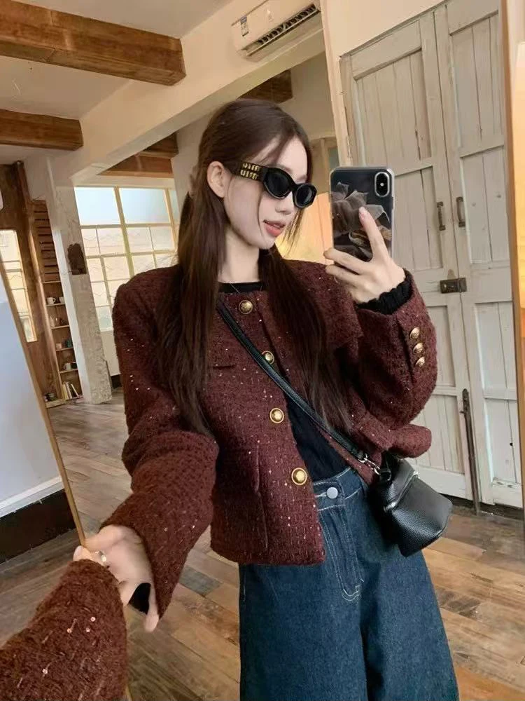 Luxury Sequins Tweed Jacket for Women Y2K Loose Single Breasted Crop Coats Y2K Spring Elegant Office Lady All Match Outerwear
