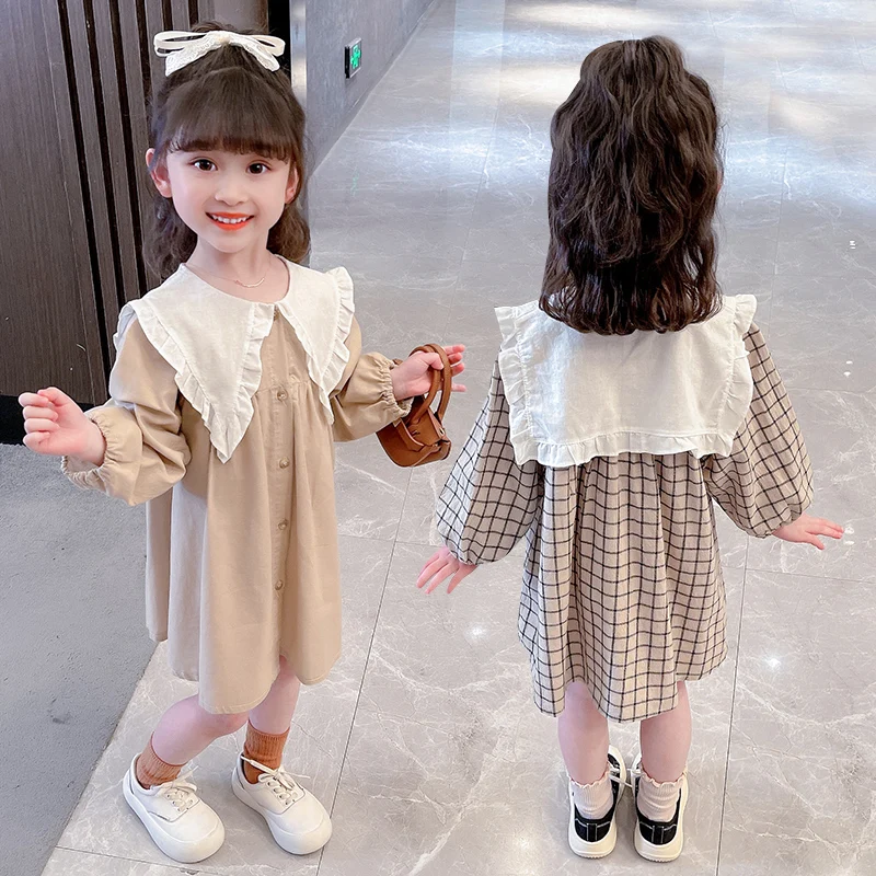 Spring and Autumn Casual Baby Girls' Dress Solid Color Lace Large Collar Single breasted Long sleeved Dress