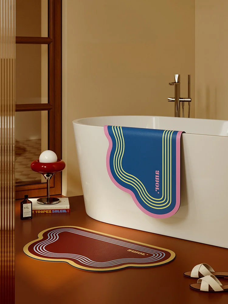 Retro Aesthetic Cloud Bath Rug Minimalist Striped Border Entryway Mat Quick-Dry Water Absorbent & Anti-Slip for Home Decor