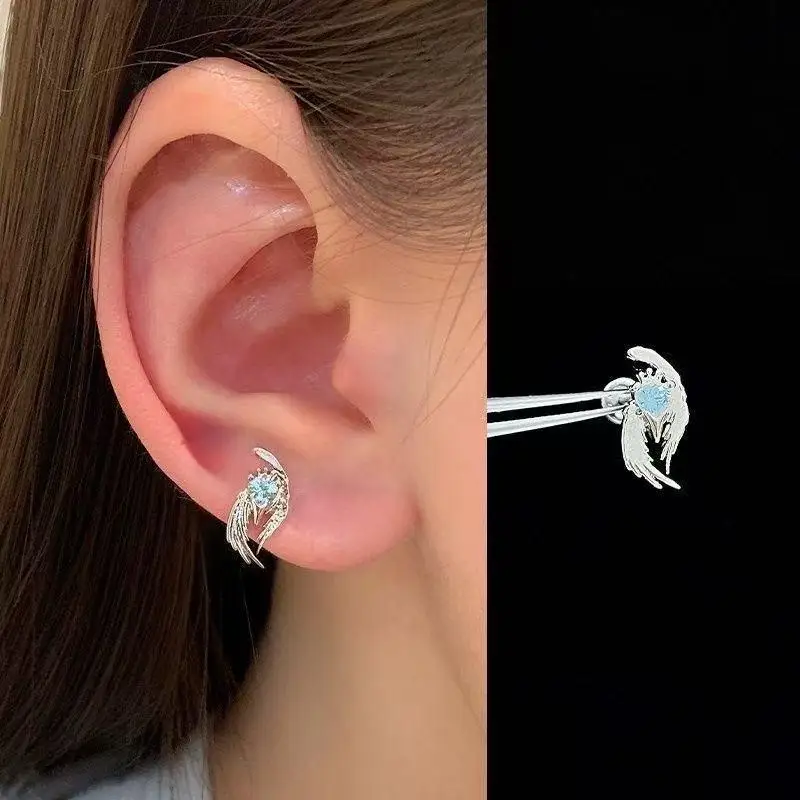 Y2K Silver Wing Heart Cartilage Earrings Star Cross Snowflake Dangle Stud Earrings For Women Punk Party Jewelry
