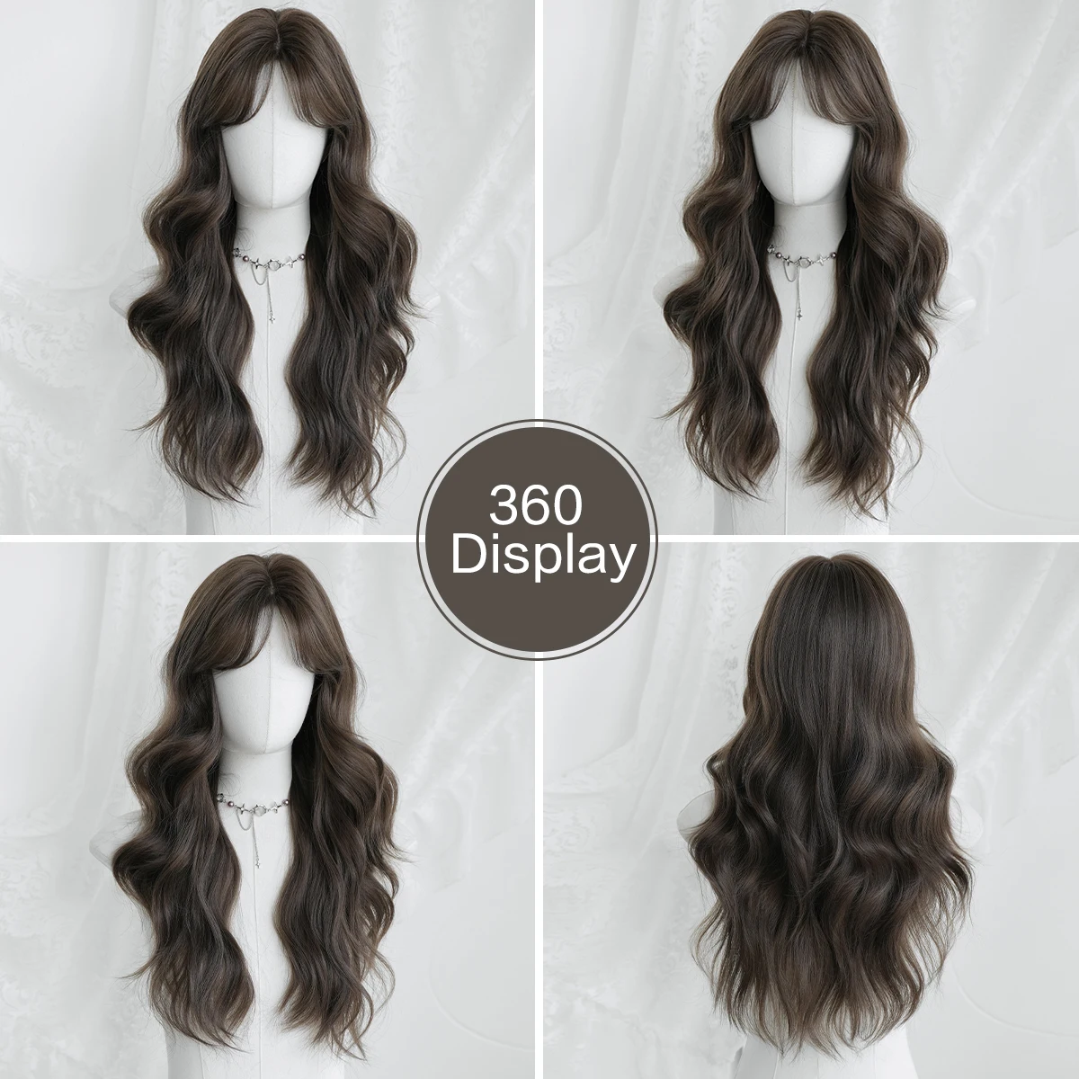 7JHH WIGS Long Body Wave Cool Brown Wig for Women Synthetic Modest Fashion Middle Part Wear and Go Wigs with Curtain Bangs - view 5