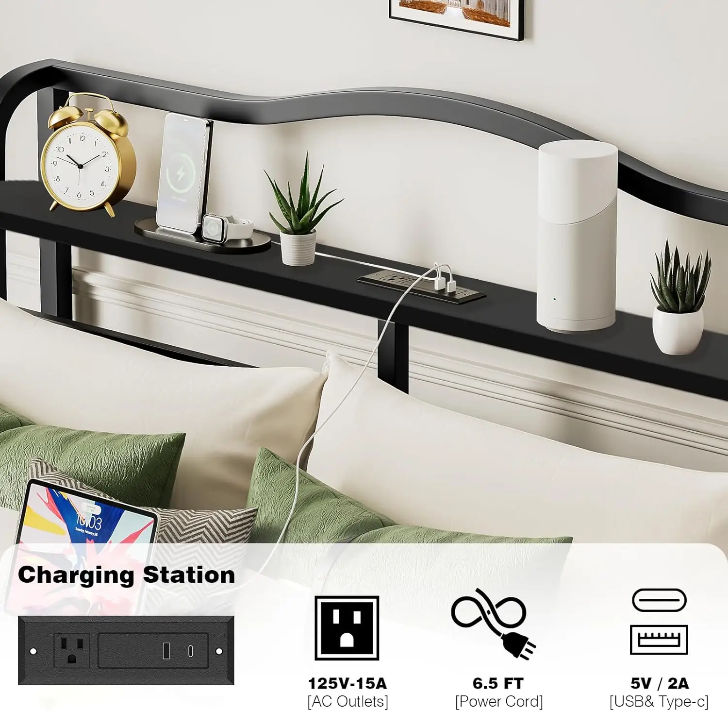 إطار سرير كوين أسود مع لوح رأسي بطول 45.72 سم، قاعدة سرير بمنصة معدنية شديدة التحمل، لا حاجة إلى صندوق زنبركي