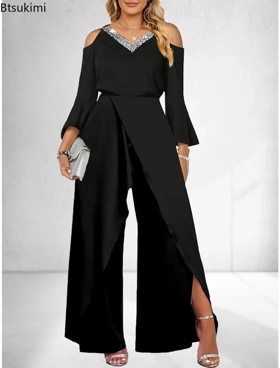 2025 Women's Summer One Piece Solid Casual High Waist Office Jumpsuit V Neck Wide Leg Long Pants Overalls Office Lady Rompers