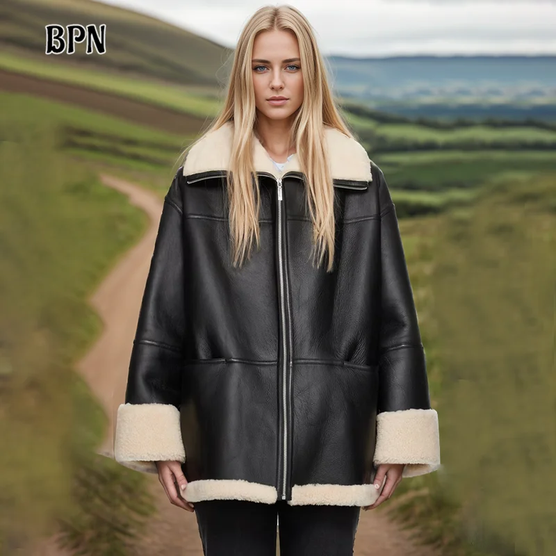 BPN Hit Color Patchwork Lambswool Leathers Jackets For Women Lapel Long Sleeve Spliced Zipper Casual Slimming Jacket Female New