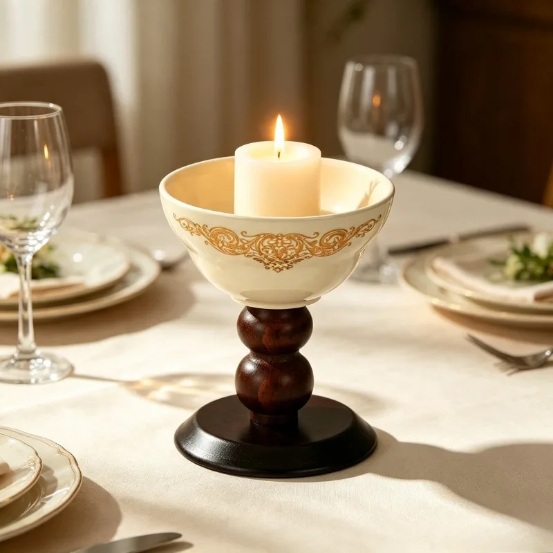 Ceramic Tea Light Candle Holder with Wooden Pedestal Gold Decorative for Home Table Use Dining Party Wedding Decor Centerpiece