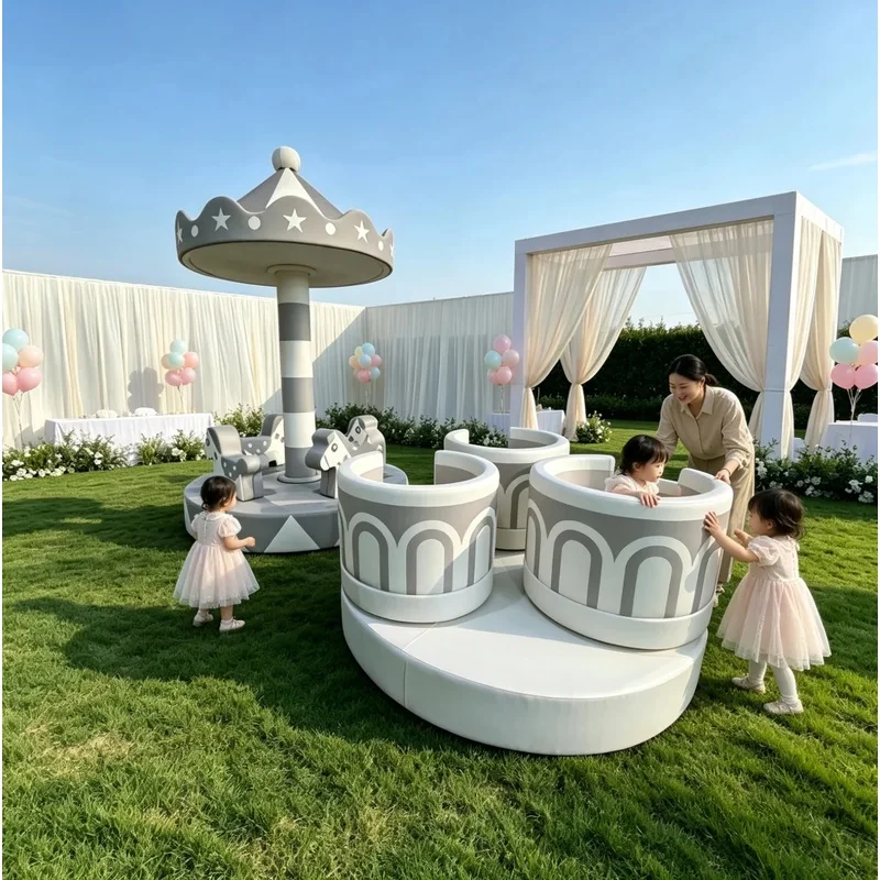 Gray White PU Soft Play Merry Go Round Set Rotating Carousel Horse Spinning Sofa Seats for Kids Party Rental Indoor Playground