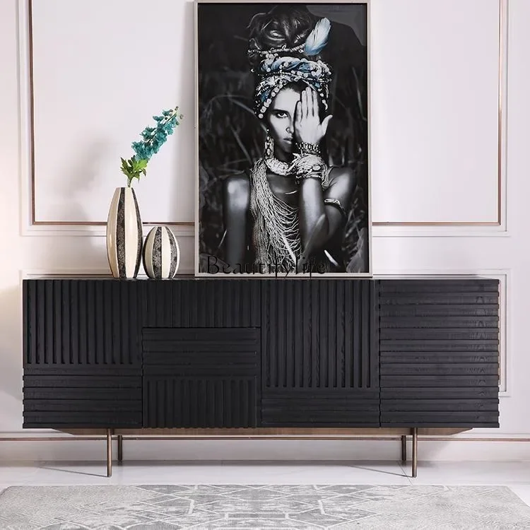 

*Italian light luxury simple storage side cabinet modern minimalist living room solid wood black entrance cabinet