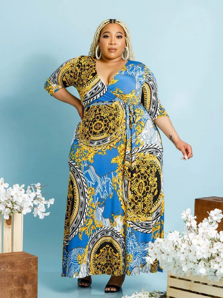 Women Plus Size Dresses with Lace Up Fashion Lady Vintage Print Long Dress Elegant Party Dress Wholesale Bulk Dropshipping