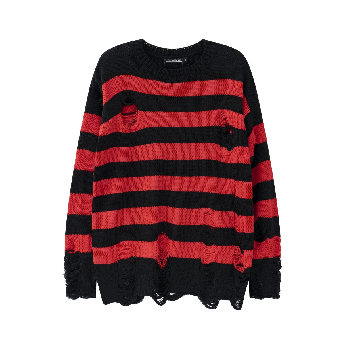 High Street Retro Punk Red and Black Stripes Autumn Sweater Men Loose Ripped Hole Tassel Pullover Round Neck Casual Clothes