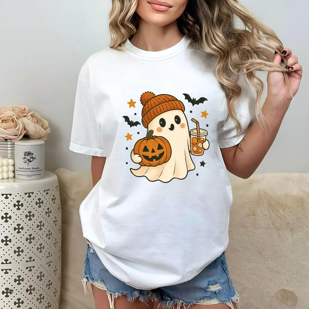 

Cute Ghost T-shirt Women Funny Halloween Pumpkin Graphic Tee Fall Holiday Party Tops for Girls