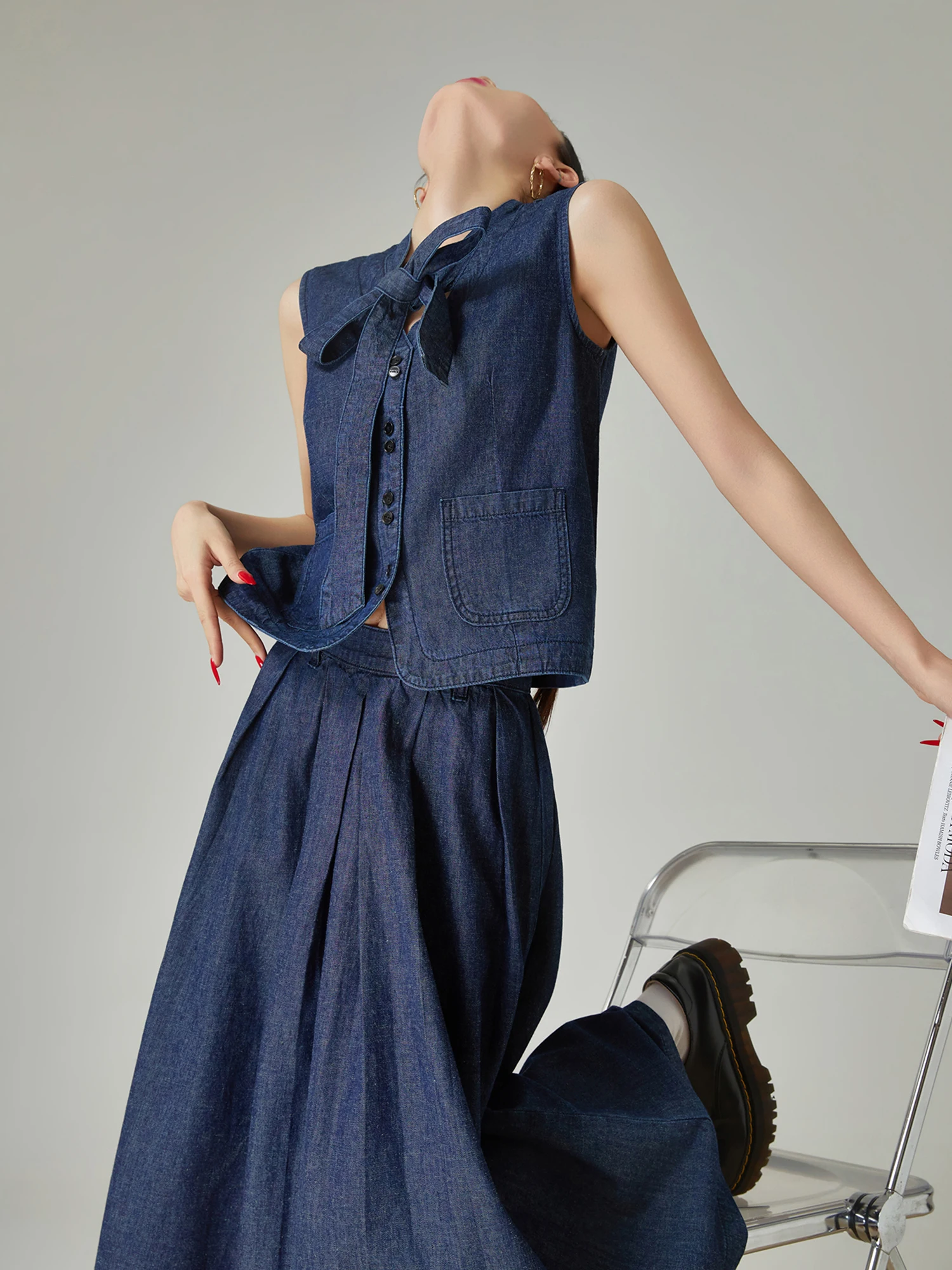 

Retro V-ne Sa Denim Vest Svel Design Set Spring Summer New Arrival Women's Faion Casual Sle High Waist orts