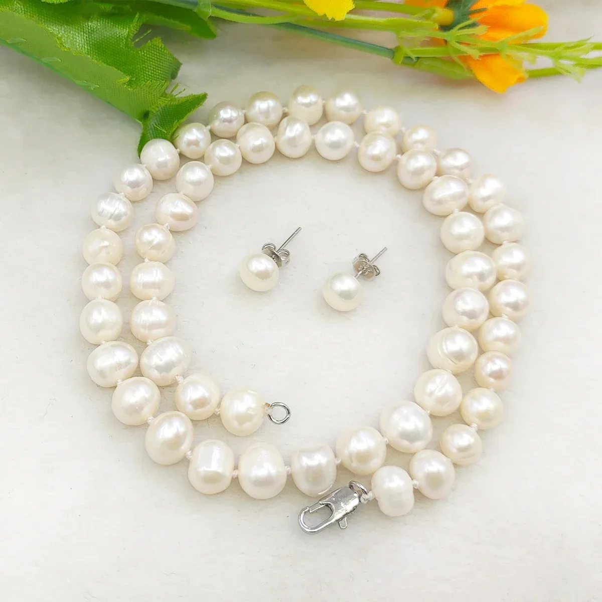 100% Natural Beads 6-7/7-8/8-9mm White Tahiti Pearl Necklace Near Round 17\'\'+Earrings DIY Jewelry Sets Gifts for Girl Women