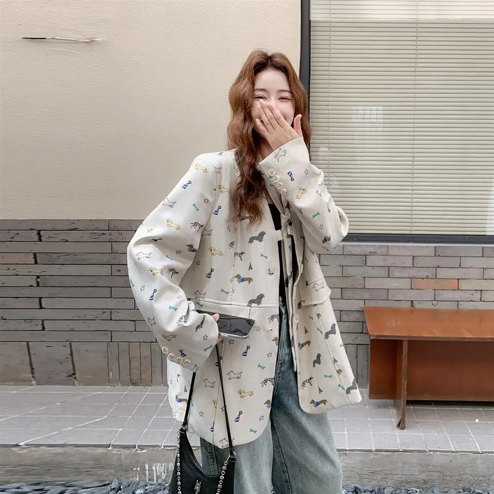 Korean Style Unique Design Dog Print Suit Women's Fashionable Autumn New No Collar Jacket Commute Style Long Sleeve Polyester