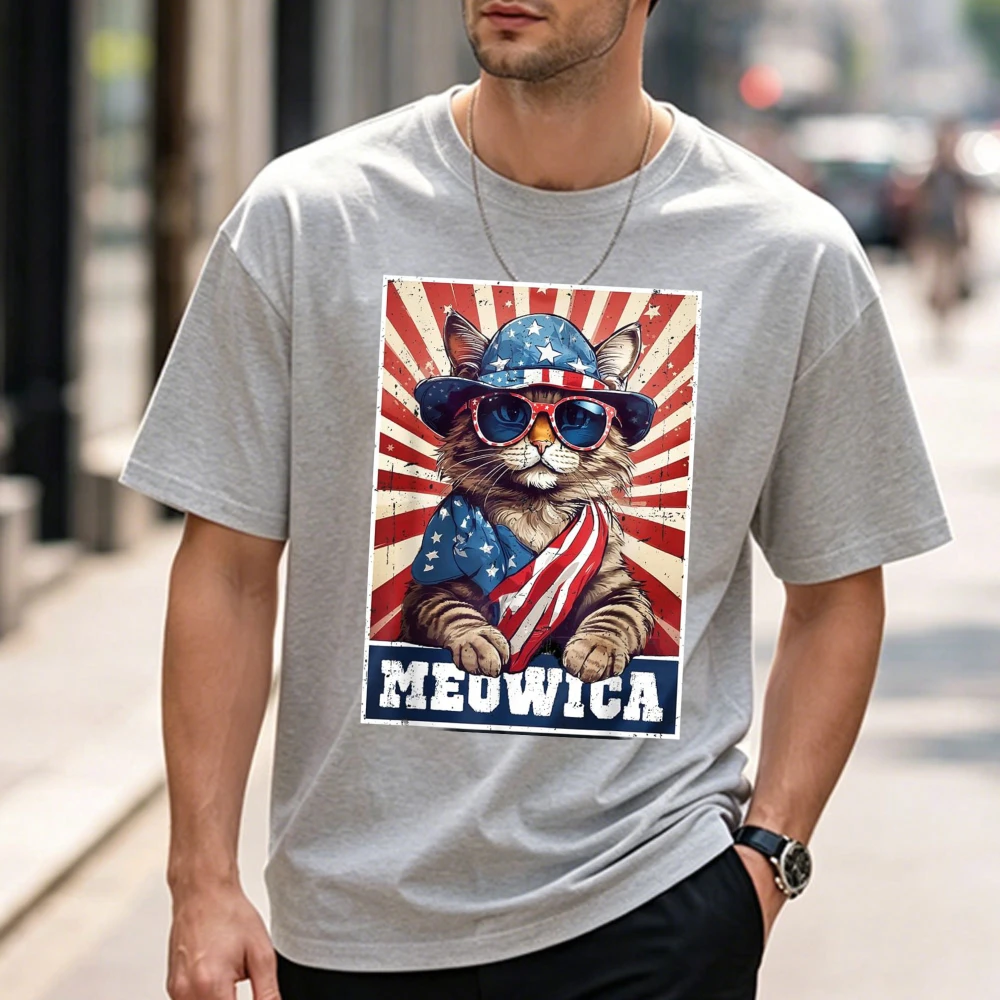 Meowica 4th of July Cat  US Flag Funny 4th of July Cat T-Shirt Harajuku Mens T Shirts Graphic T Shirts Streetwear Breathable Tee