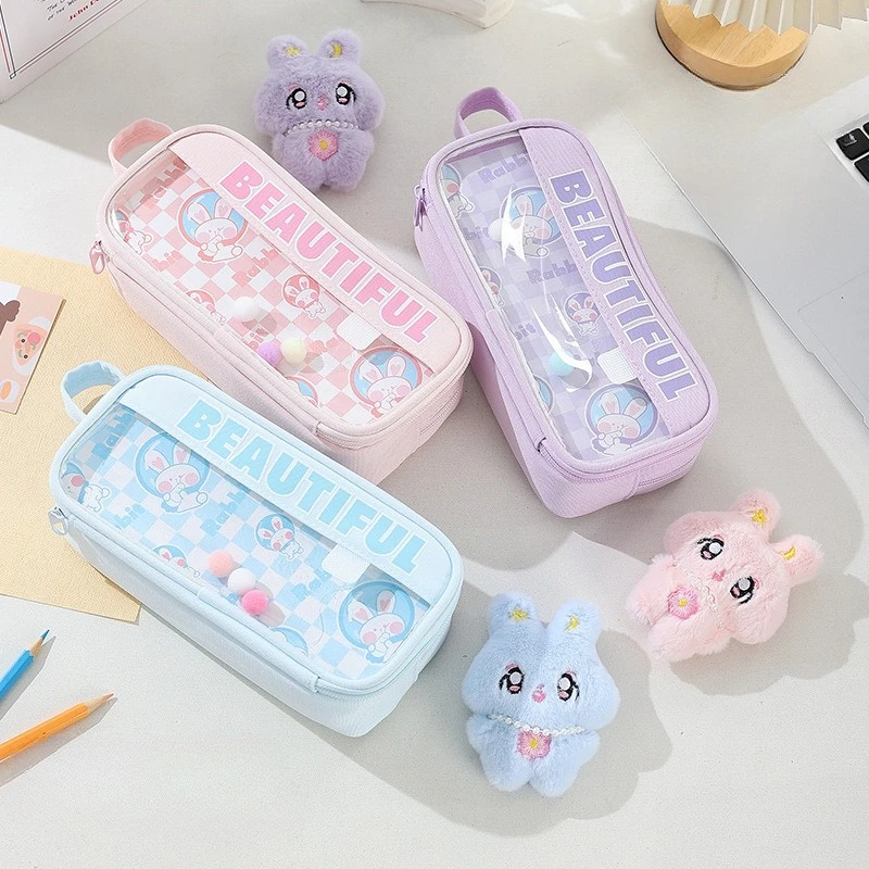 

Модный двухслойный пенал большой емкости, прозрачная коробка для канцелярских принадлежностей, милый мультяшный кролик, эстетический органайзер для студентов