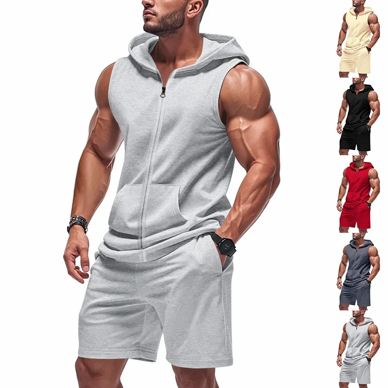 

2026 New Summer Men Suit American Style Fitness Zipper Hooded Loose Breathable Functional Vest Shorts Two-Piece Casual Sport Set