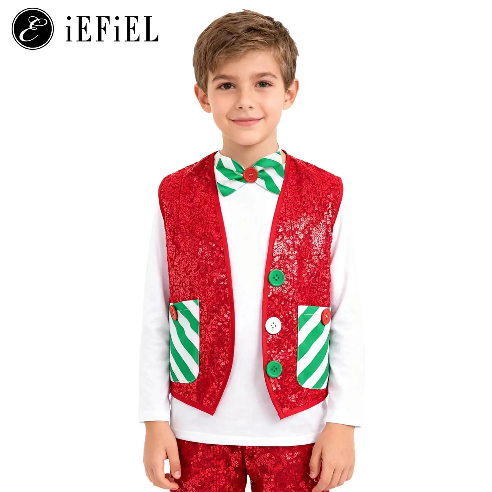 

Boys Girls Christmas 2 Pcs Suits Sequins Sleeveless Button Down Waistcoat with Bowtie School Holiday Show Santa Waiter Tuxedo