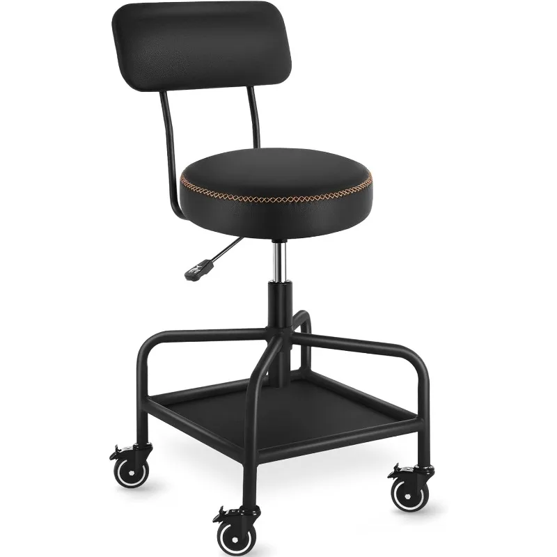 

Stool with Lockable Rubber Wheels Adjustable Backrest Tool Tray Storage 400 lb Capacity Rolling Garage Stool (Black)