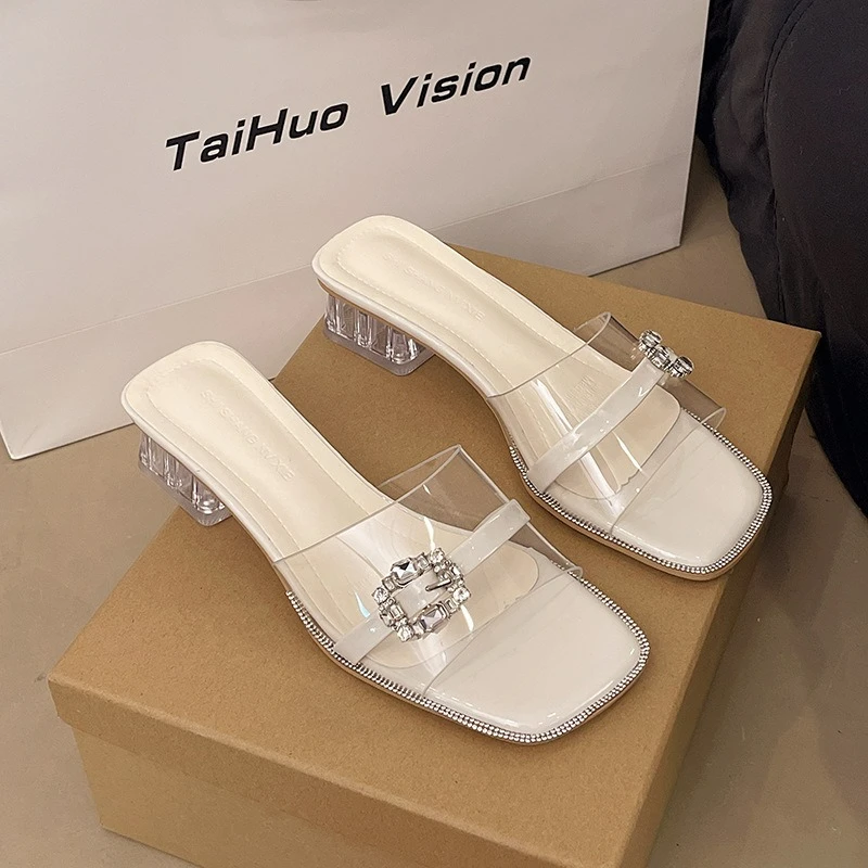 

Женские элегантные тапочки с квадратной головкой, модные прозрачные сандалии со стразами, женское вечернее платье на высоком каблуке