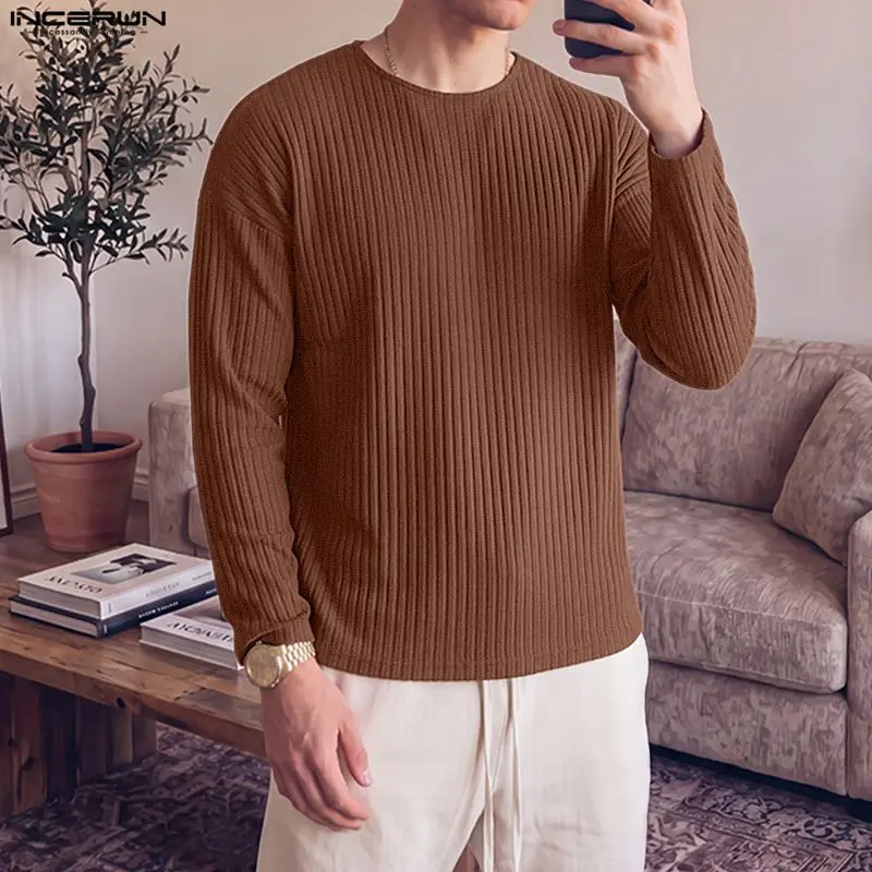 INCERUN Men's Pullovers Solid Knitted O-neck Long Sleeve Casual Men Clothes Streetwear Spring Autumn Fashion Sweaters For Man
