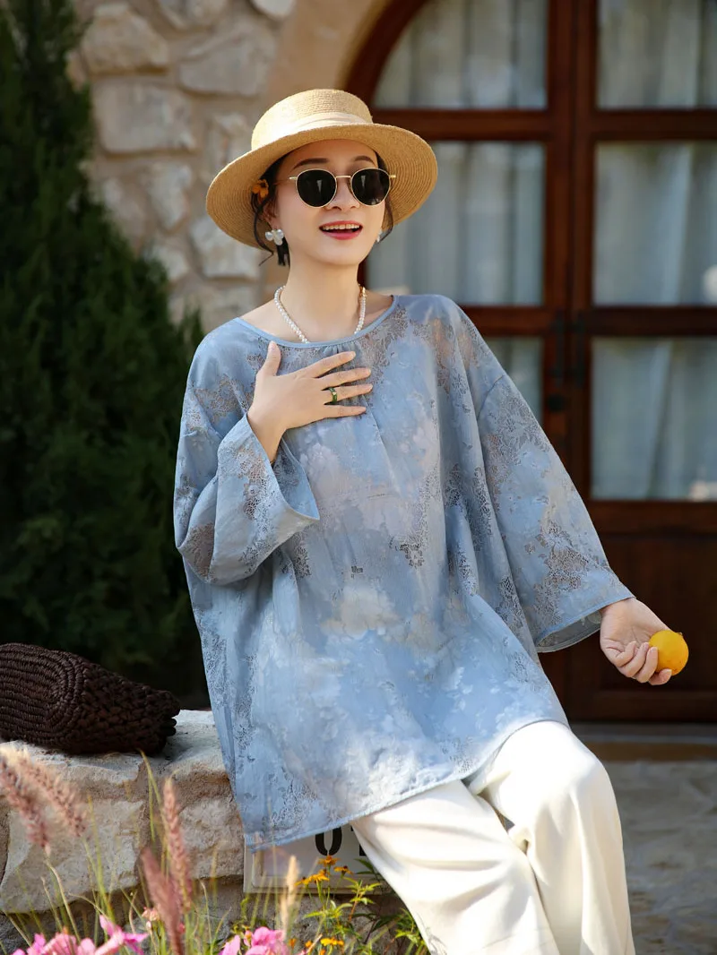 

Comfortable Loose Fit Long Sleeve round Neck Shirt New Chinese Style Retro Fashionable Brushed Cotton Women's Shirt