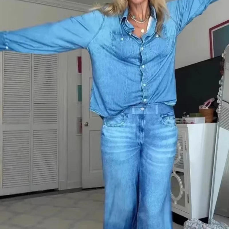 

Fashion Lapel Collar Shirt & Long Pant Suit Women Casual Street Solid Color Denim Set Elegant Single breasted Loose 2Pc Outfits