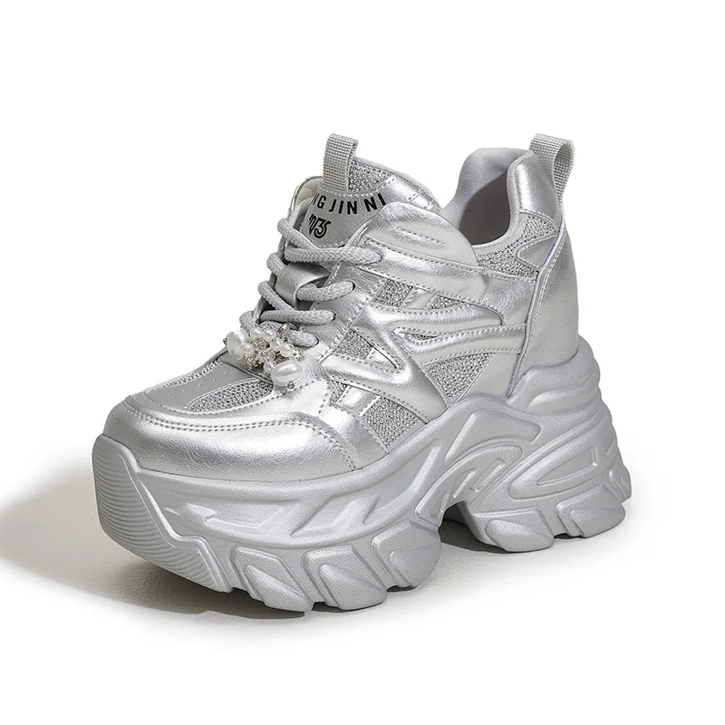 

10CM Fashion Autumn Women's Chunky Sneakers Diamond Bling High Platform Casual Dad Shoes Hidden Heels Comfortable Sport Sneakers