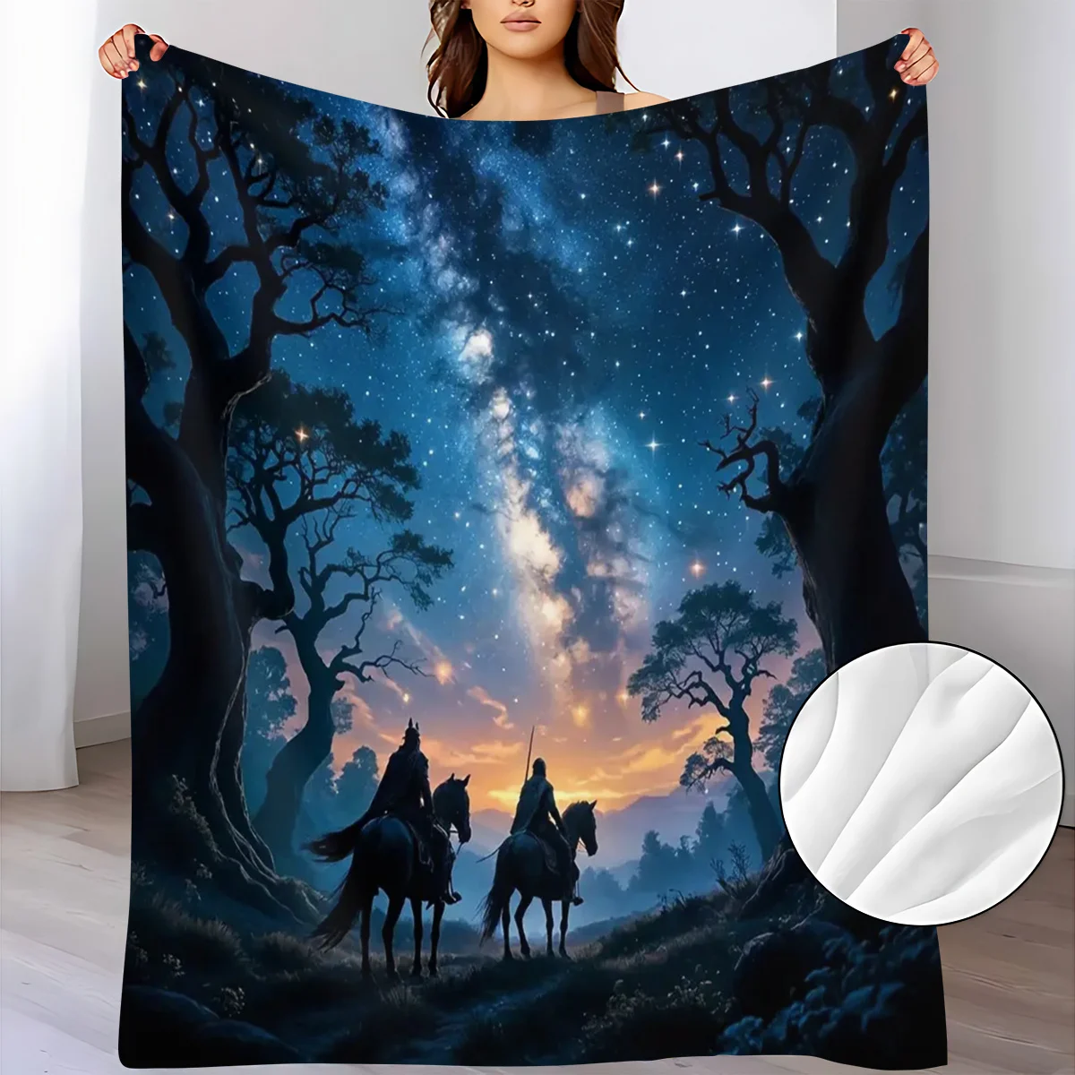 Galaxy Night Rider Flannel Throw Blanket Two Knights Riding Horses In Mystic Forest Under Brilliant Milky Way Starry Sky Sunset