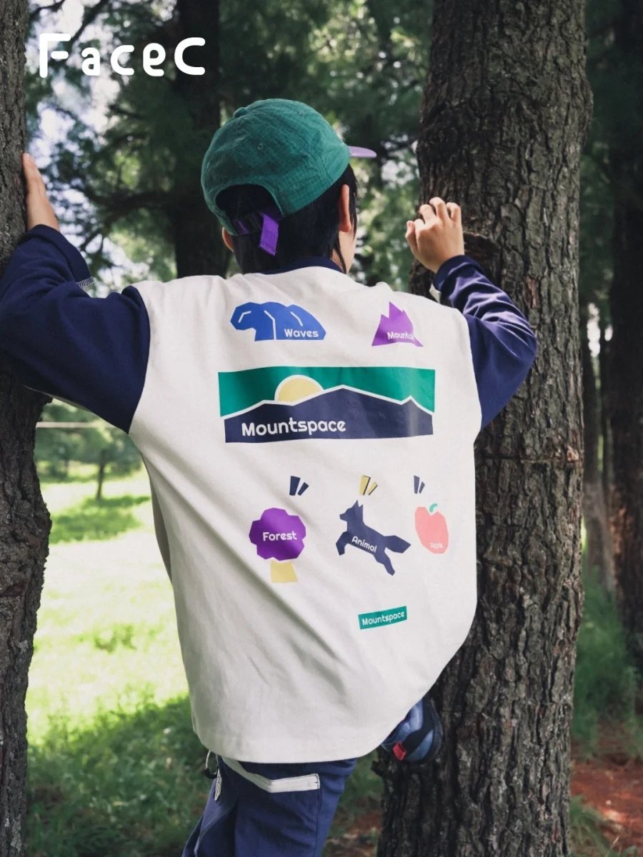Facec Pure Cotton Mountain Series Children's Long Sleeve T-Shirt Loose Fit Spring Autumn Color Block Boys Girls Kids Top