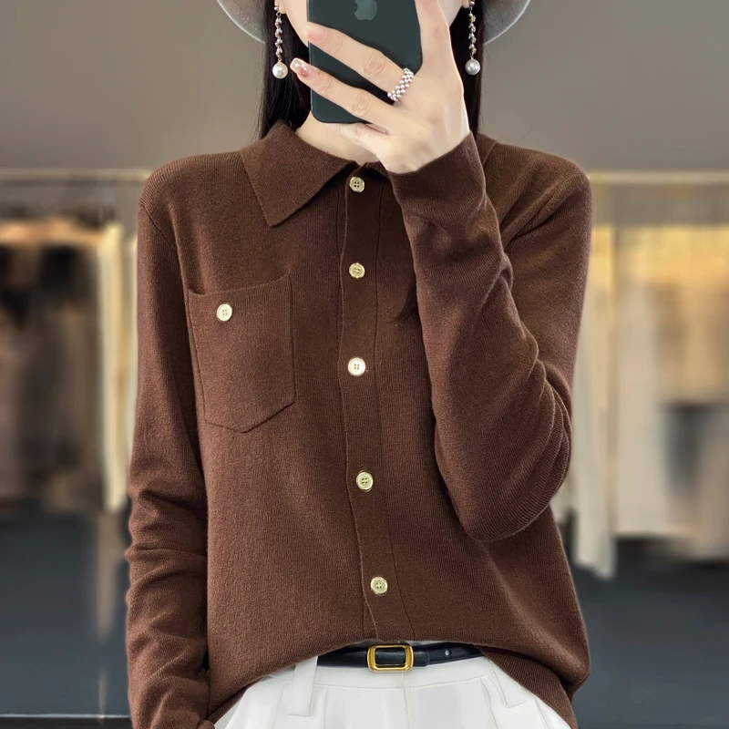 Women\'s Cardigan With Pocket Spring And Summer New Lapel Shirt Fine Imitation Wool Sweater High Street Coat Top Long Sleeves