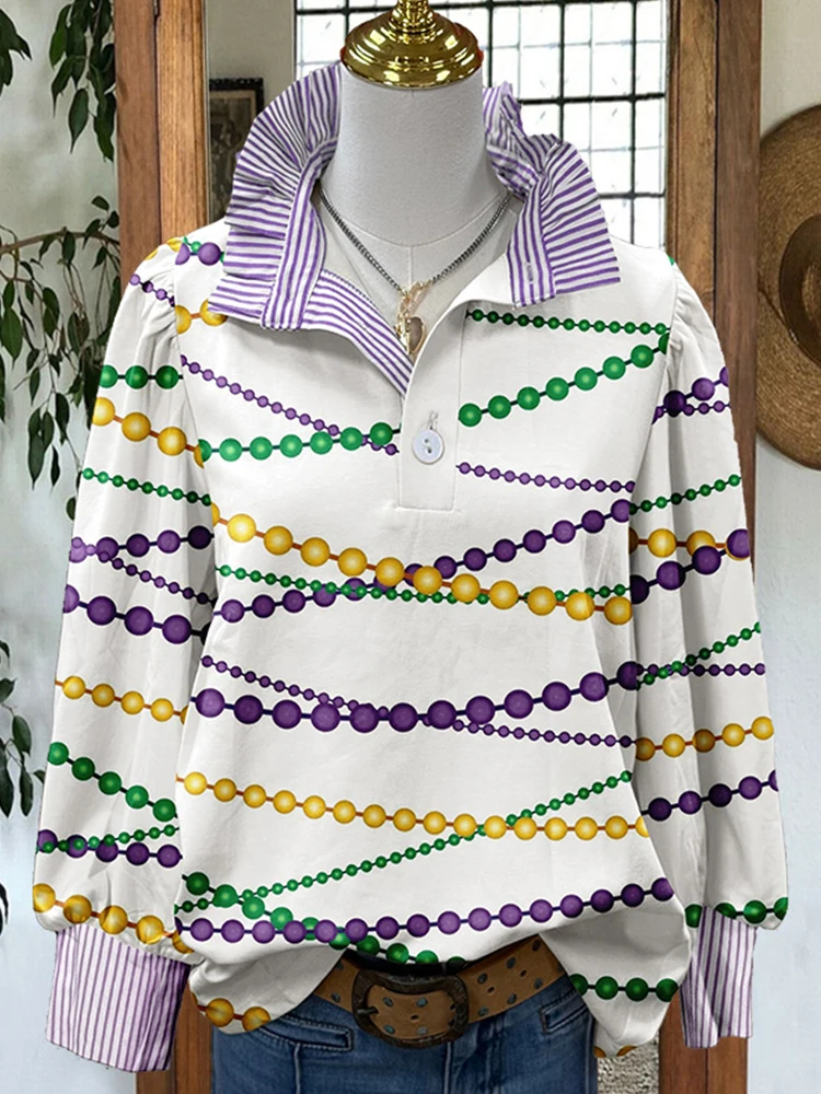 Mardi Gras Colorful Chain Striped Ruffle Shirt