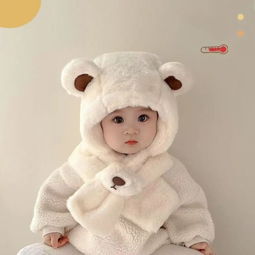 

Solid Color Bear Plush Hat Korean Style Cloth Accessories Children Fleece Hat Fashion Design Muffler Plush Hat with Scarf Baby