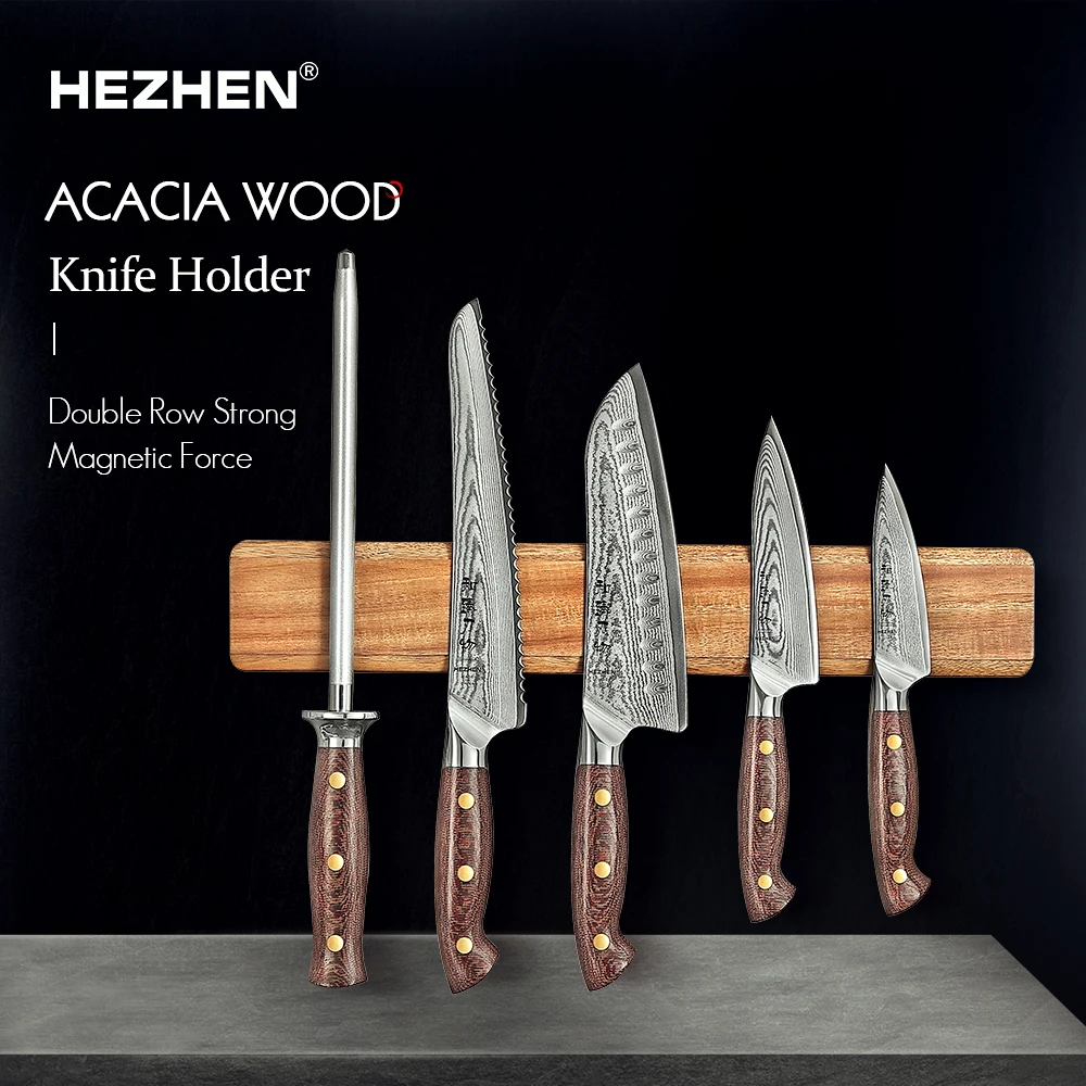 Hezhen Magnetyczny uchwyt na noże 400 mm Akcesoria kuchenne Drewniane noże Narzędzia do przechowywania Drewno akacjowe Jest to uchwyt bez noża