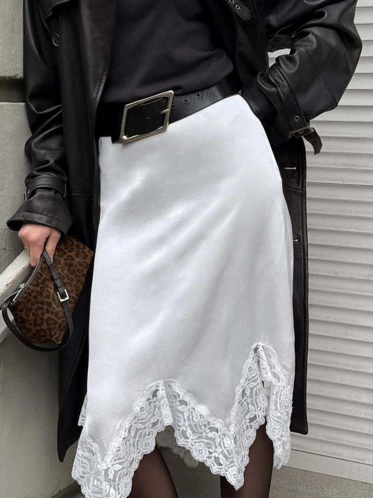 

Lace-Trimmed Irregular Skirt For Women High-Waisted Slimming Patchwork Commuting Solid Streetwear Female Vintage Y2k Skirt