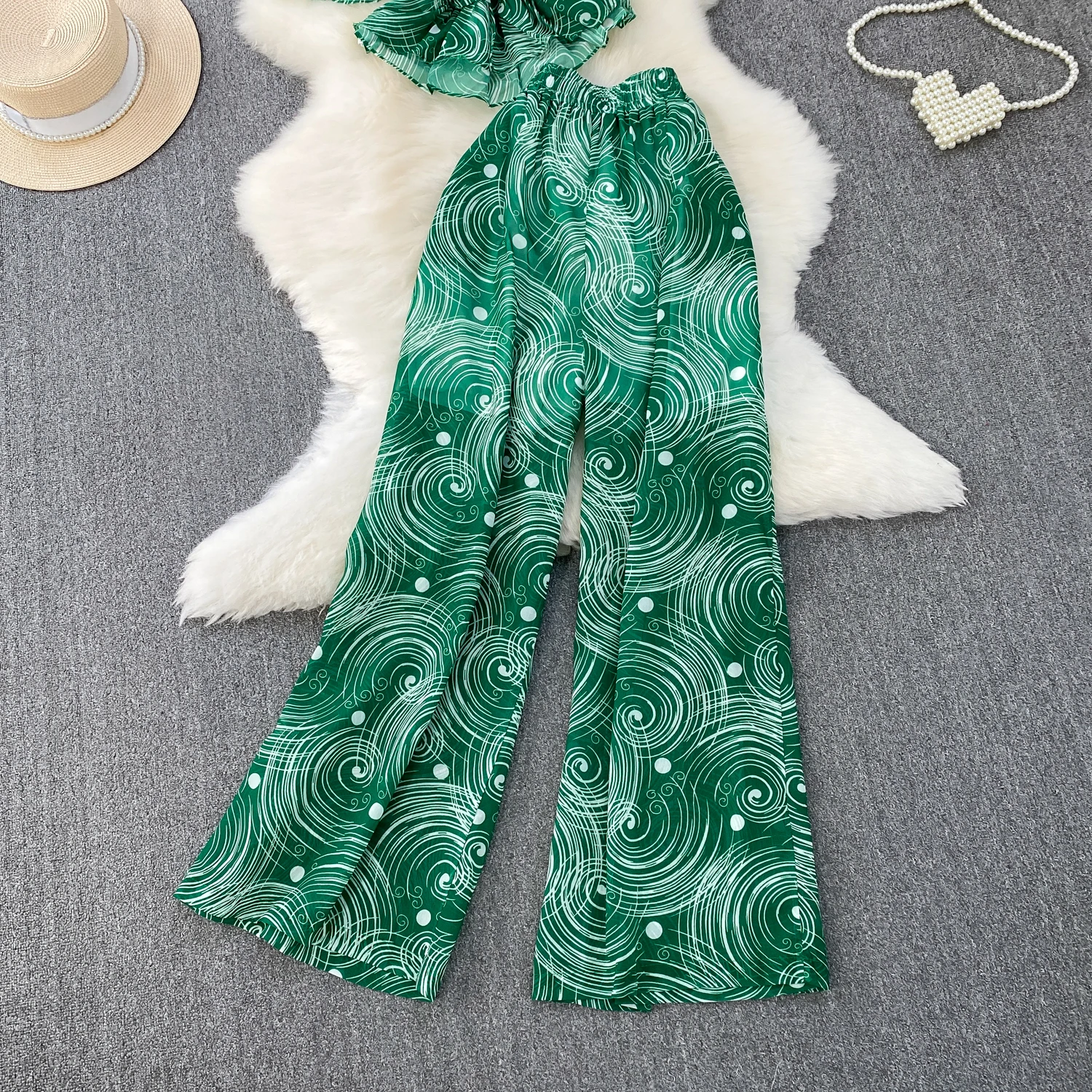 Feminino chiffon calça longa ternos plissado com decote em v manga curta camisetas + cintura alta impresso calças de perna larga senhora conjuntos de praia