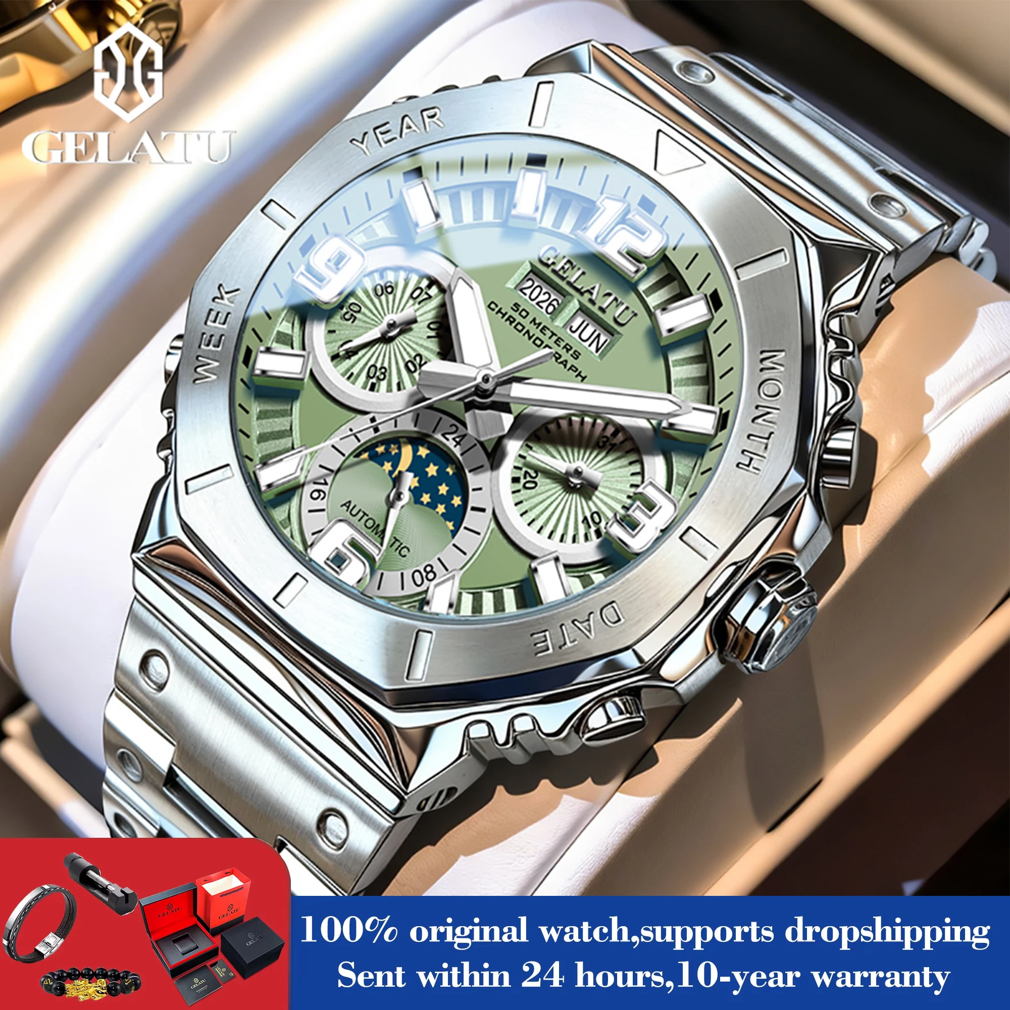 

GELATU 6030 Watches Man Top Luxury Business Mechanical Watches For Man Big Dial Moon Phase 50M Waterproof Watch Gifts Box