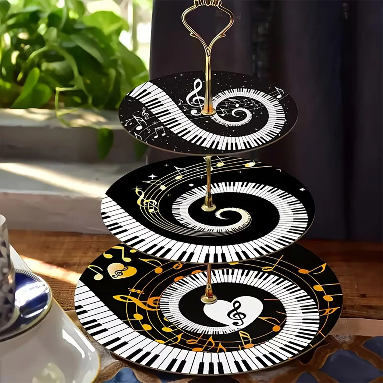 3 Tier Wooden Cupcake Stand Piano Key Music Note Pattern Dessert Tray for Party Tea Time Table Home Decor