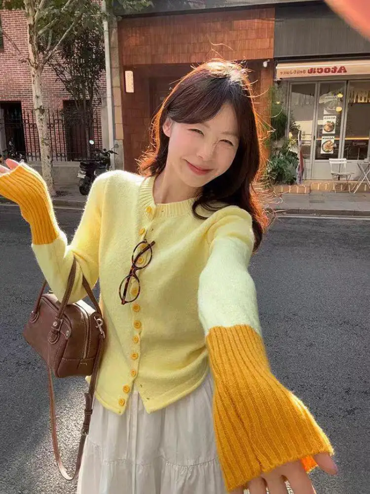 

Autumn Winter Retro Patchwork Long Sleeved Knit Tops Women Korean Version Versatile Single Breasted Knitted Cardigan Sweater New